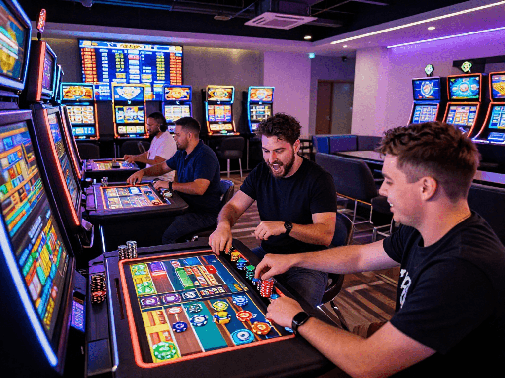 Exciting crypto casino scene with players enjoying digital slot machines and cryptocurrency trading screens.
