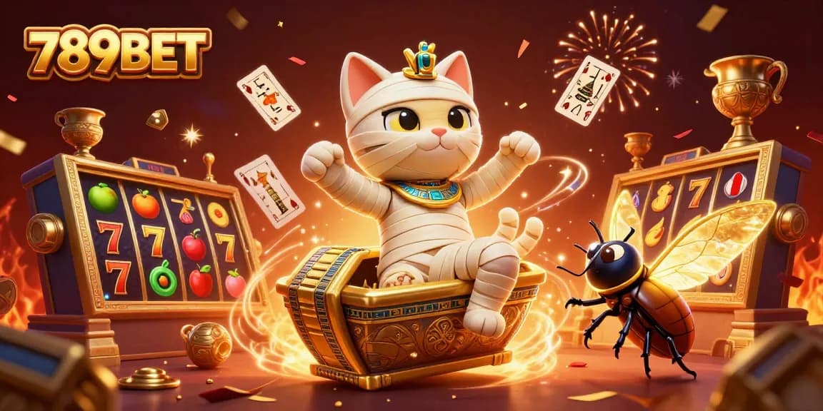 Experience excitement with 789BET as an Egyptian mummy cat and scarab beetle come alive in a vibrant casino.