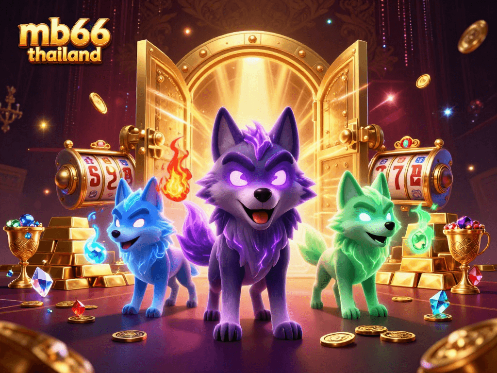 Experience thrilling games at mb66 thailand as glowing wolves guard treasures in a vibrant casino