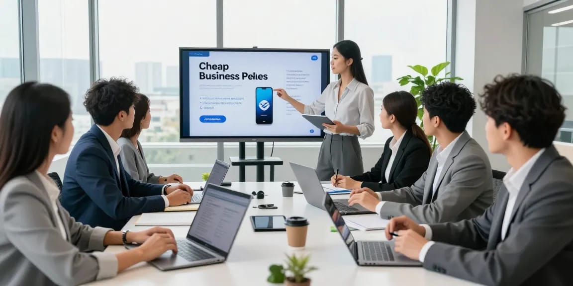 Team discussing cheap business mobile deals in a modern office.