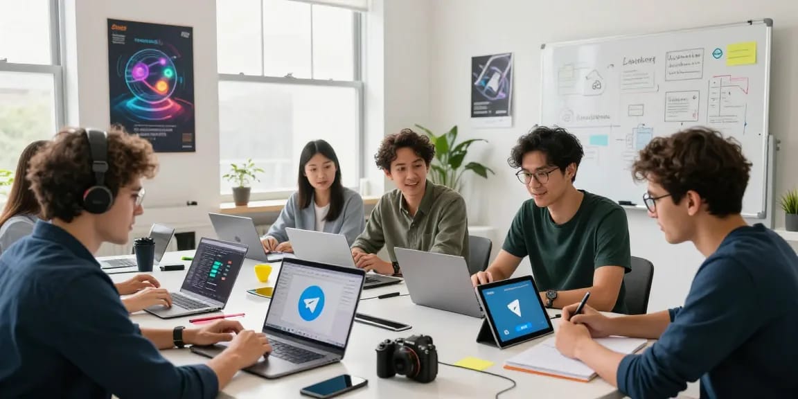 Download Telegram app interface showcased in a vibrant tech workspace during collaborative development session.