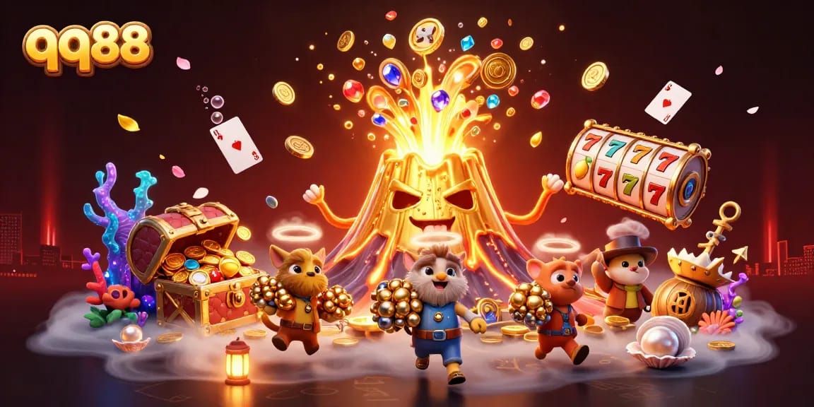 Win big on qq88 with vibrant 3D casino-themed treasure hunt featuring golden volcano and treasures