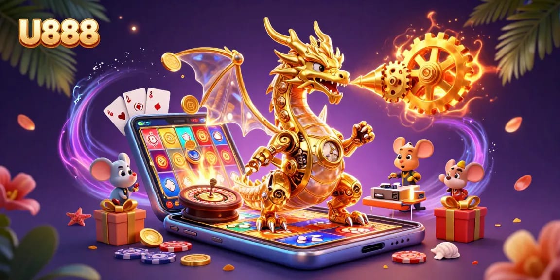 Engage with the thrilling world of U888's vibrant casino gaming illustrated through an epic scene.