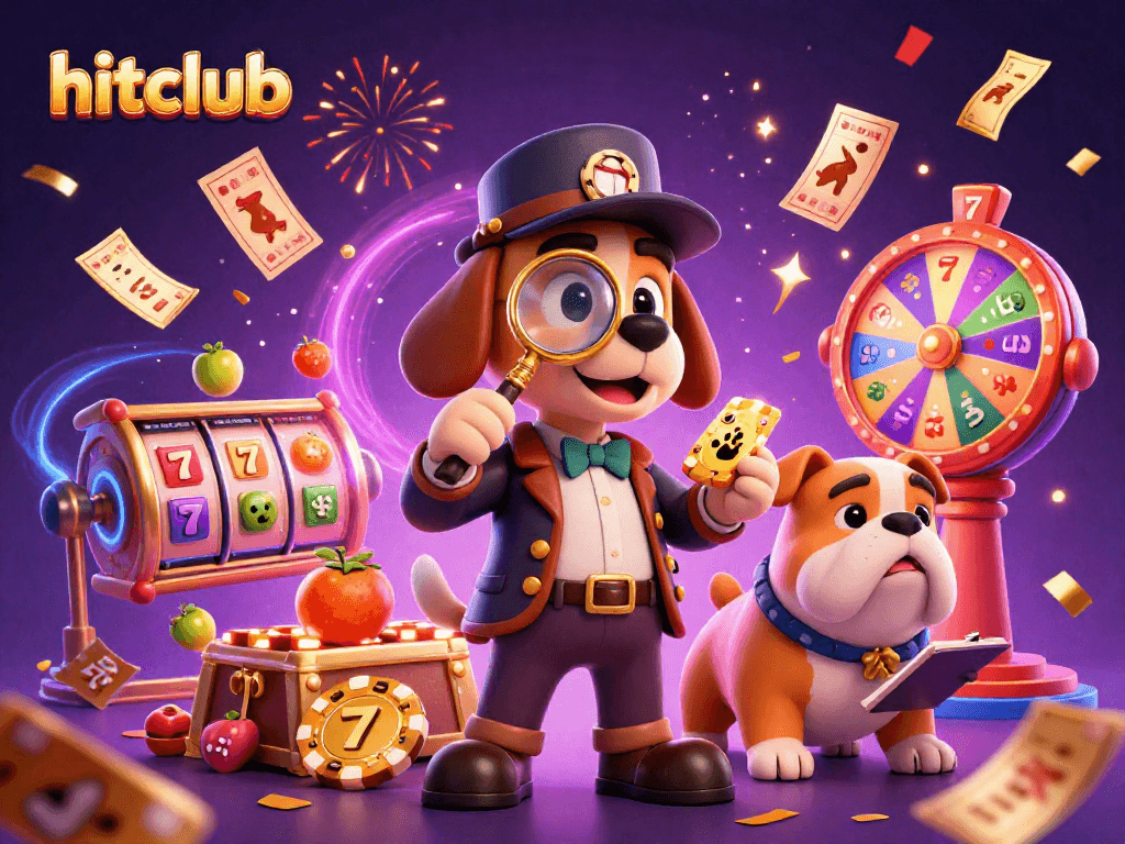 Discover thrilling rewards with hitclub, featuring a detective uncovering poker chip clues amidst vibrant casino elements.