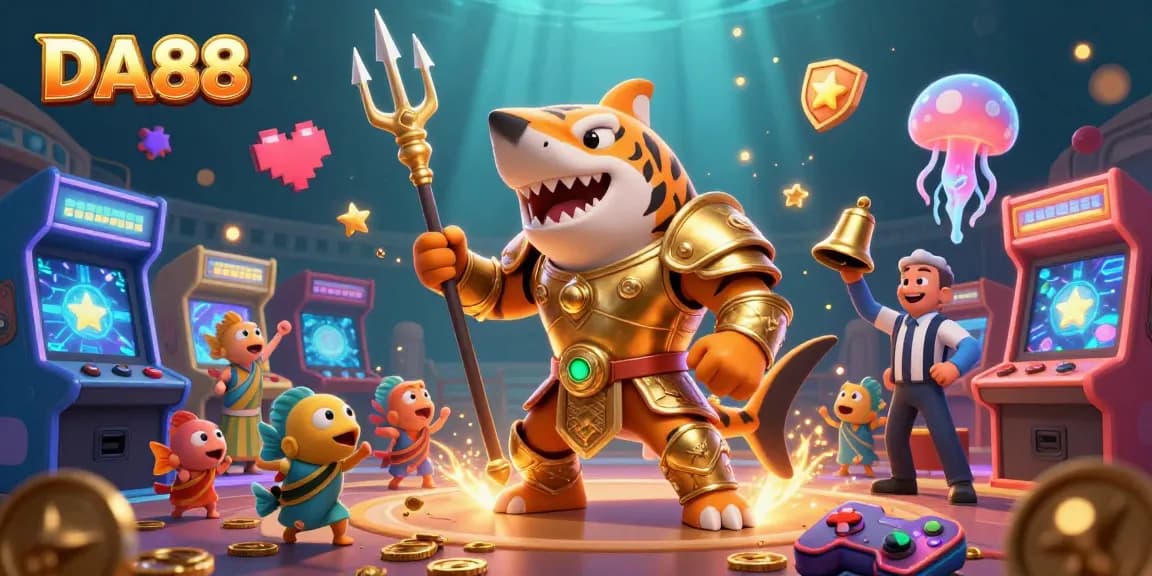 Experience the vibrant energy of DA88 with a thrilling underwater casino scene featuring a golden gladiator shark.