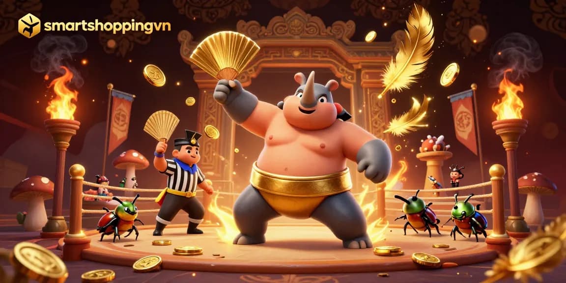 Experience the excitement of smartshoppingvn with a golden sumo beetle champion amidst flying coins and vibrant gaming elements.