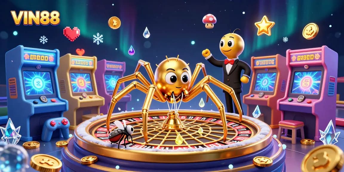 Experience the excitement of VIN88 with a golden spider and croupier in a vibrant gaming scene.
