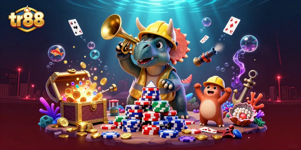 tr88 casino fun with vibrant characters building poker chip towers and celebrating amidst underwater treasures