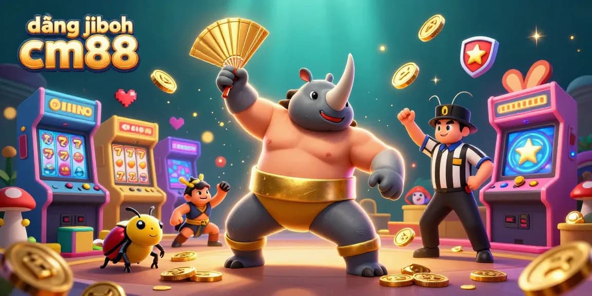 Join the action with đăng nhập cm88, featuring a cartoon rhinoceros beetle champion among vibrant slot game elements.