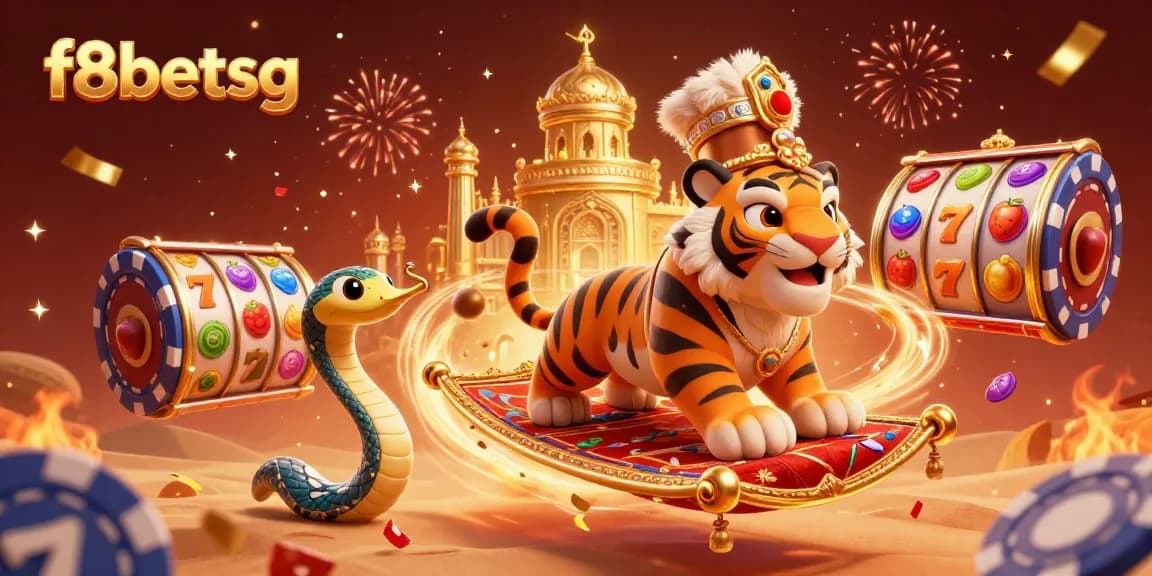 Experience thrilling gameplay with f8betsg featuring colorful slot reels and a cartoon tiger sultan in a vibrant casino scene.