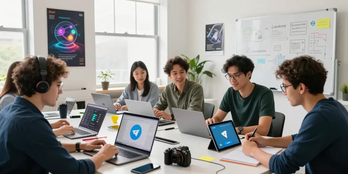 Download Telegram app interface showcased in a vibrant tech workspace during collaborative development session.