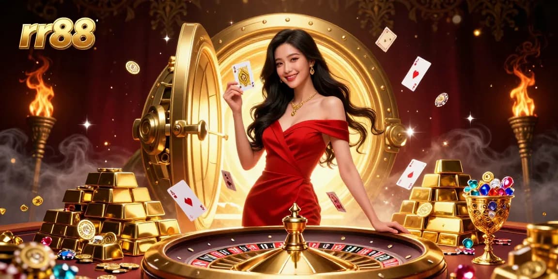 Experience the thrill of rr88 casino with a captivating young woman, roulette wheel, and golden treasures.