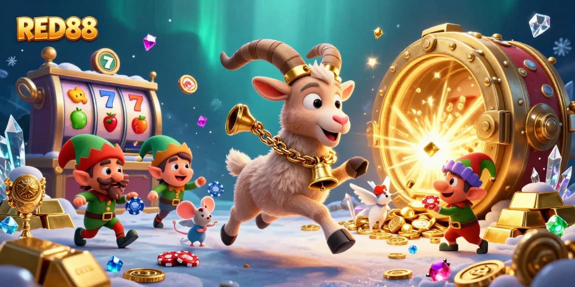 Engage with the thrilling RED88 holiday-horror casino scene featuring a Krampus goat, an angel mouse, and mischievous elf gremlins.