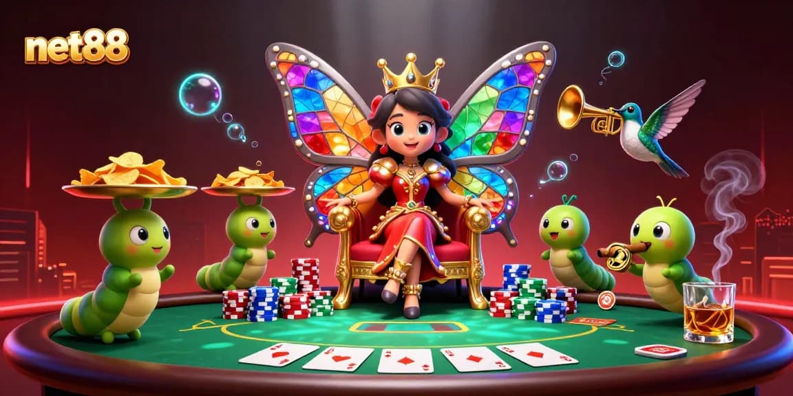 Participate in exciting games at net88 with a 3D butterfly queen and poker scene.