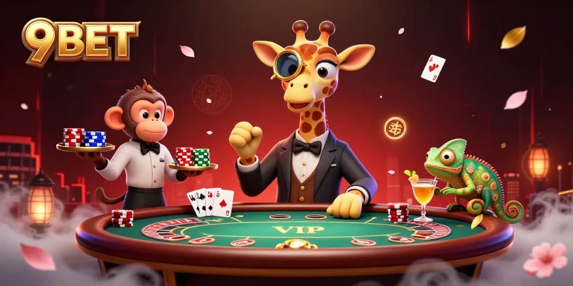 Experience thrilling moments with 9BET as a giraffe and friends enjoy a VIP poker scene.