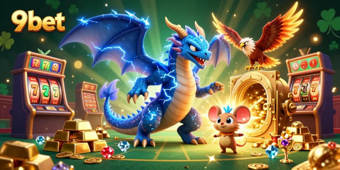 Experience the excitement of 9bet with vibrant casino-themed 3D characters and sparkling treasures.
