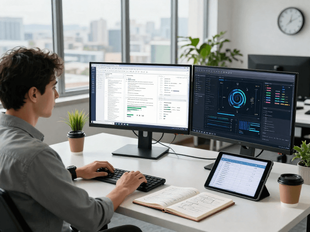 Detailed scene of document fraud detection analysis with an analyst using AI tools and multiple screens in a modern workspace.
