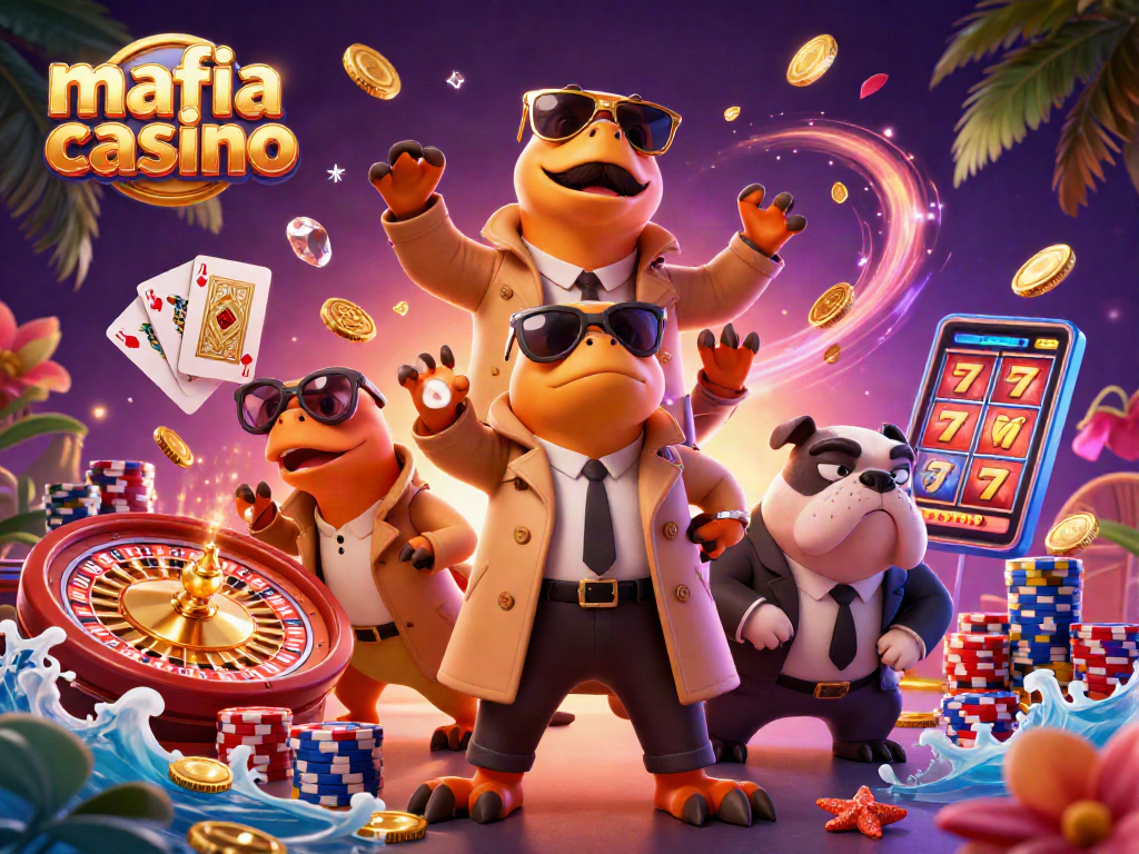 Experience excitement at mafia casino with playful raptors entering a VIP lounge filled with casino elements.