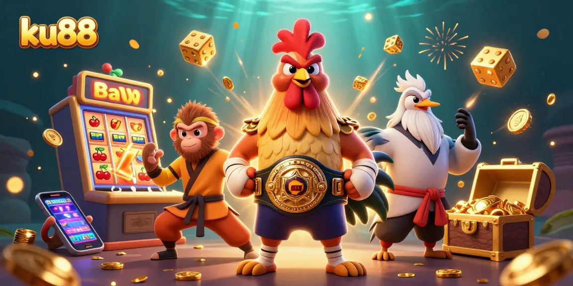 ku88 captures excitement with vibrant casino scene featuring slot machines and cartoon characters.