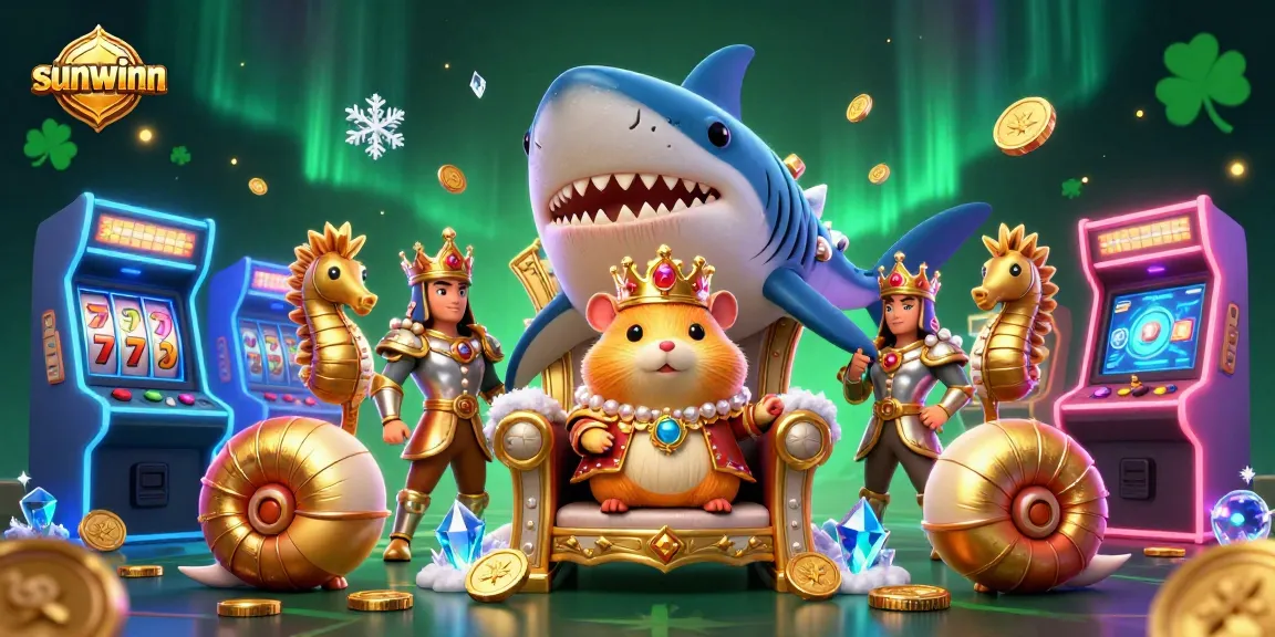 Join the exciting world of sunwinn with a fierce golden hamster king amidst vibrant casino elements.