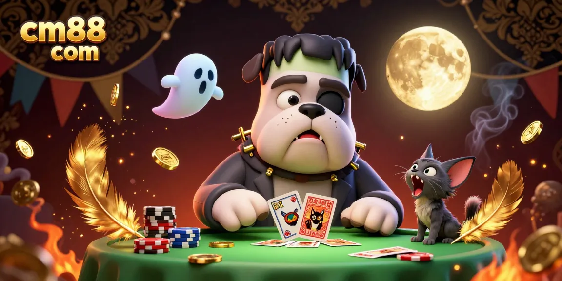 Experience thrilling gaming at cm88 com with a spooky casino scene featuring unique characters.