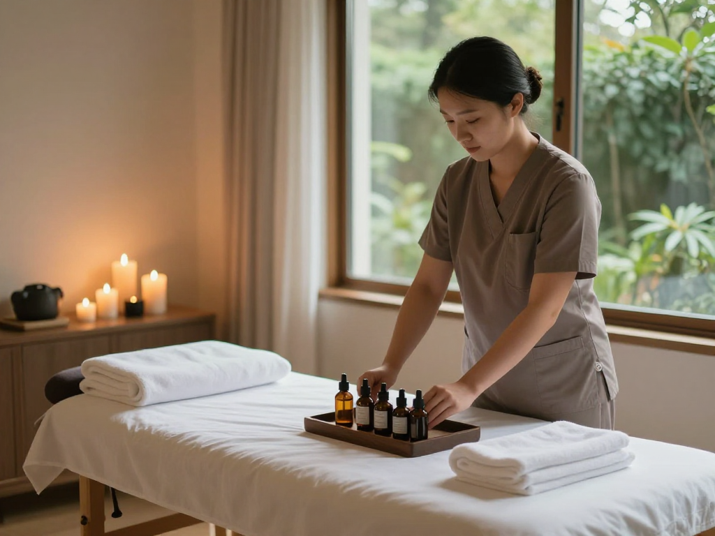 Relaxing home massage scene representing 안산출장마사지 with a serene environment and professional therapist preparing for a soothing massage.