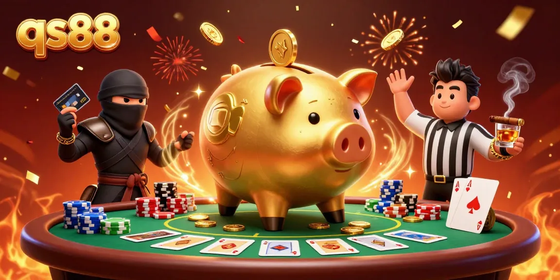 qs88 action-packed casino scene featuring a golden piggy bank wrestler and poker elements.