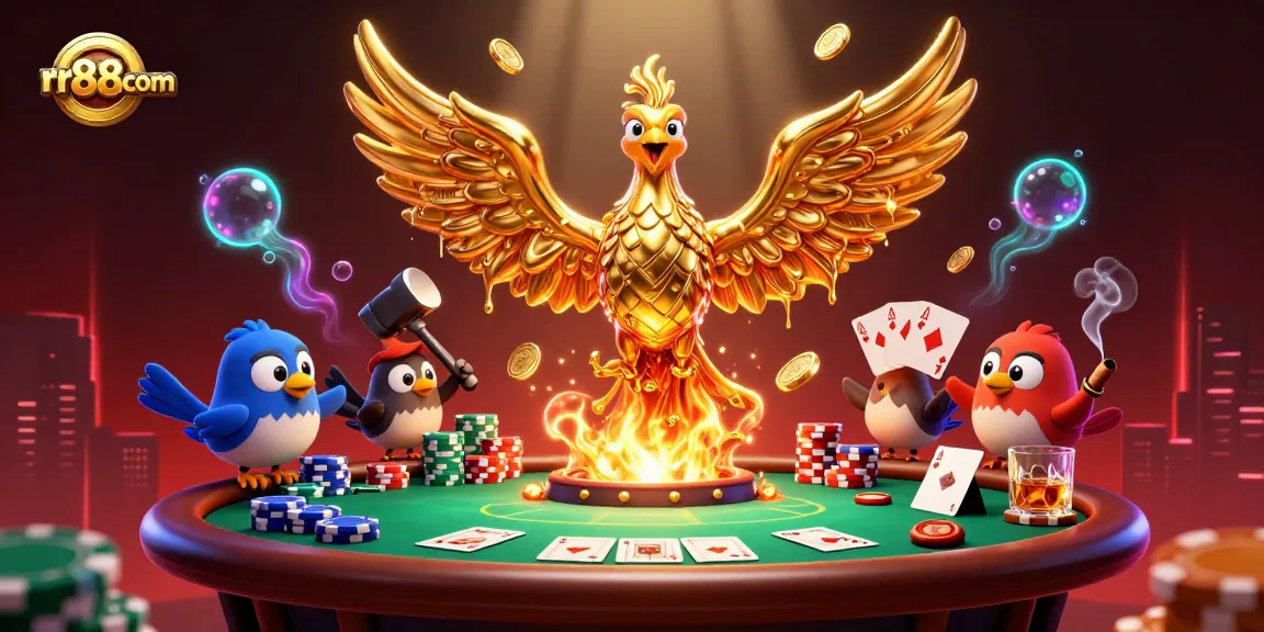 Experience excitement and rewards at rr88com with a vibrant casino scene featuring gold coins and poker elements.