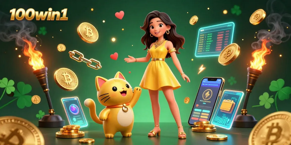 Engage with 100win1's vibrant online casino scene featuring a joyful player and lucky cat.