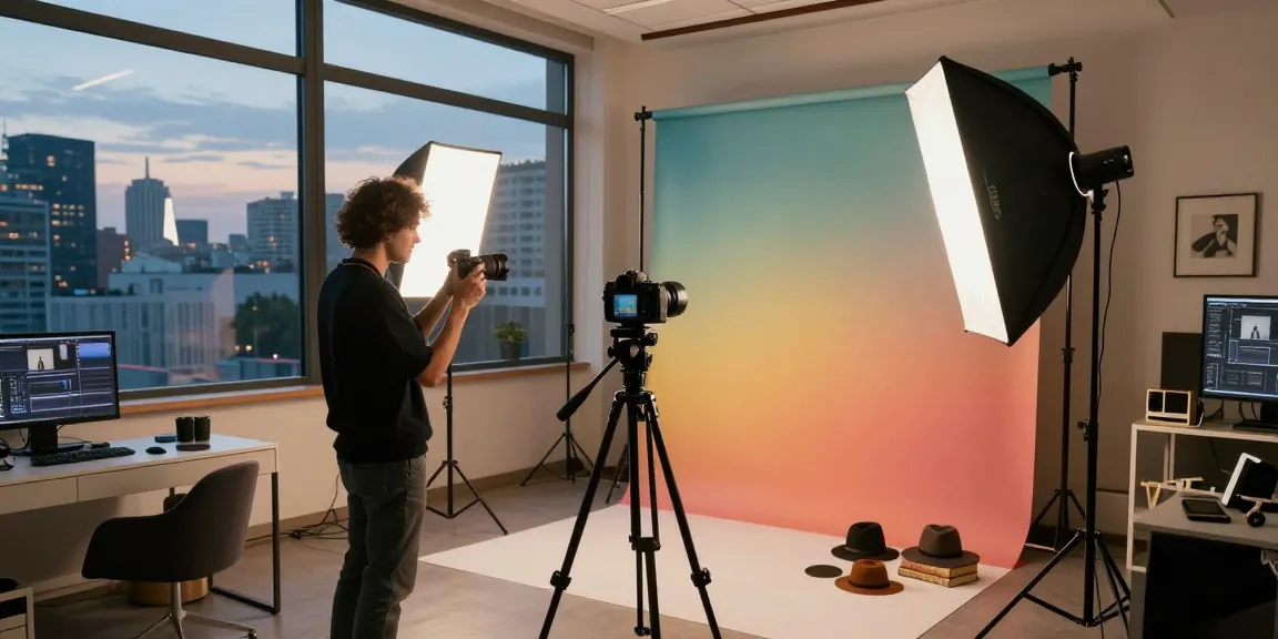 Fotografo professionista a Milano che regola le luci per una sessione di ritratto, mostrando l'atmosfera vibrante dello studio di fotografo professionista Milano