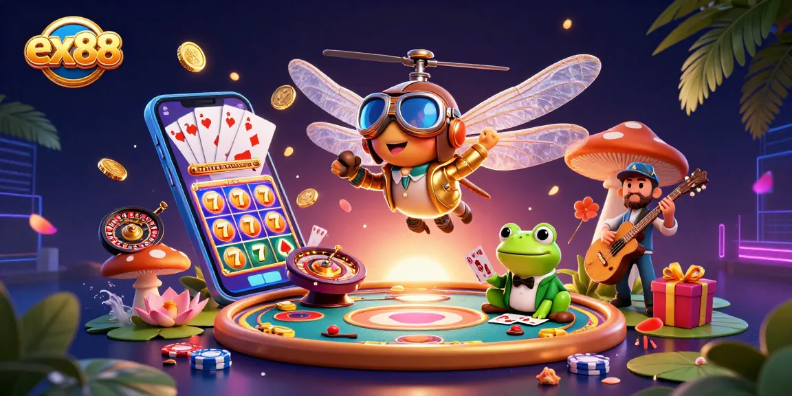Spin the reels with ex88 at a vibrant lily pad casino featuring joyous characters.