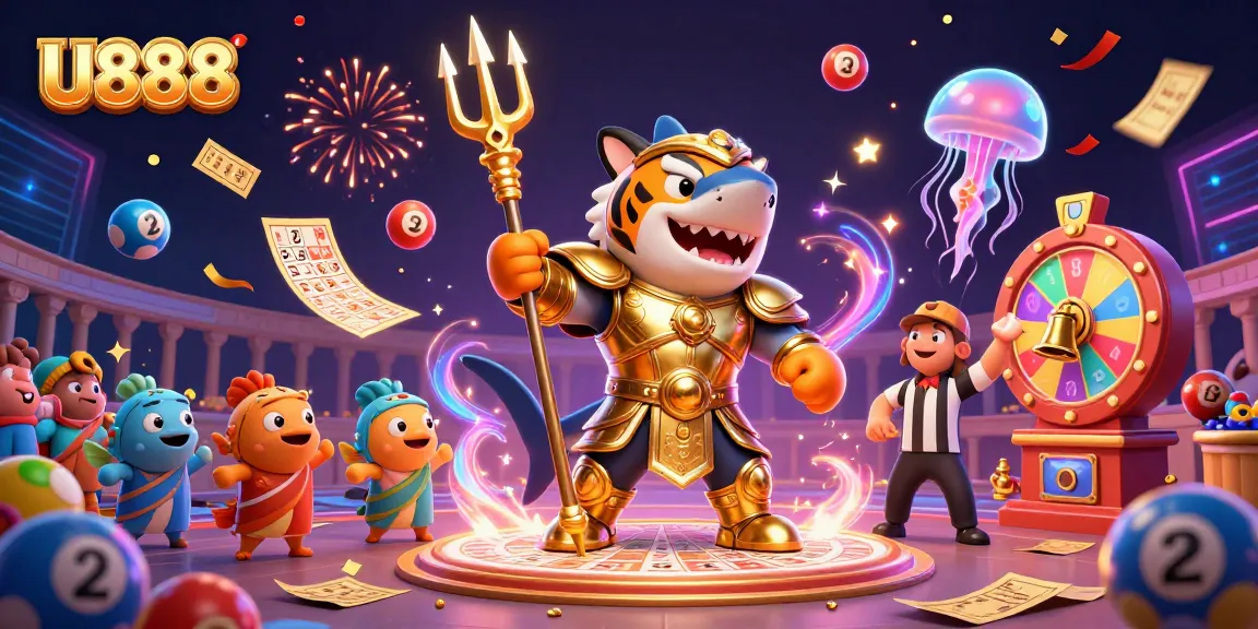 Experience thrilling U888 gameplay with a dynamic underwater scene featuring a shark and vibrant lottery elements.