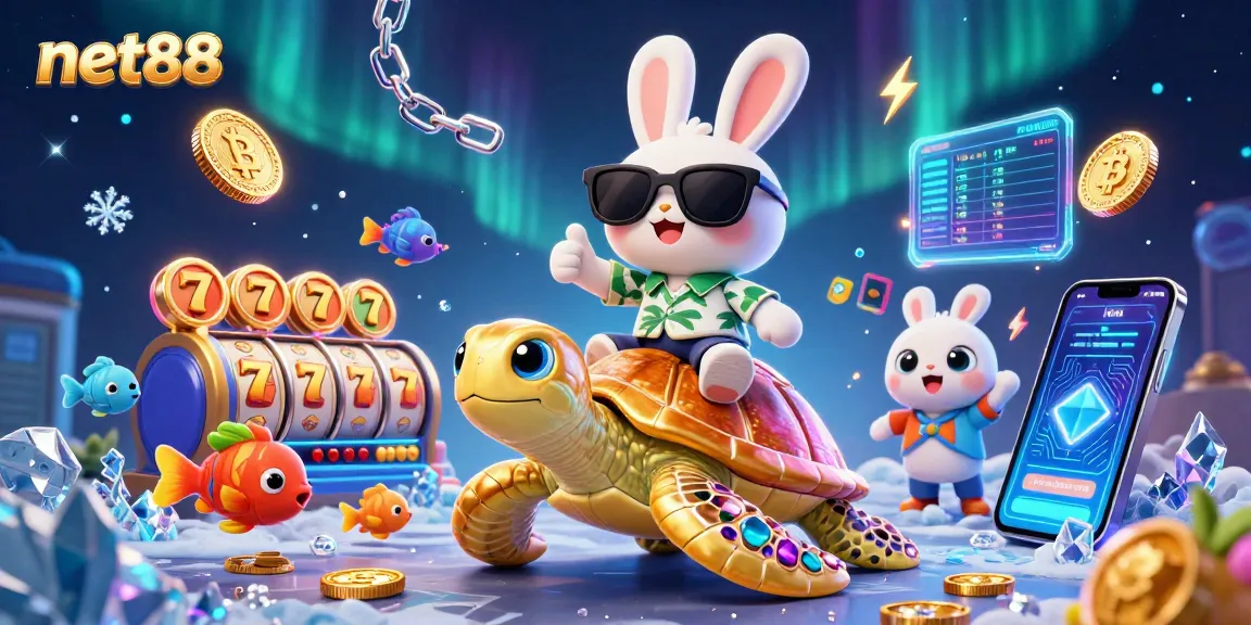 Net88 showcases thrilling slots through a vibrant cartoon scene with lively characters and elements.