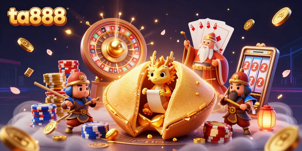 Play and win with ta888 at this vibrant casino-themed illustration featuring exciting games and characters!