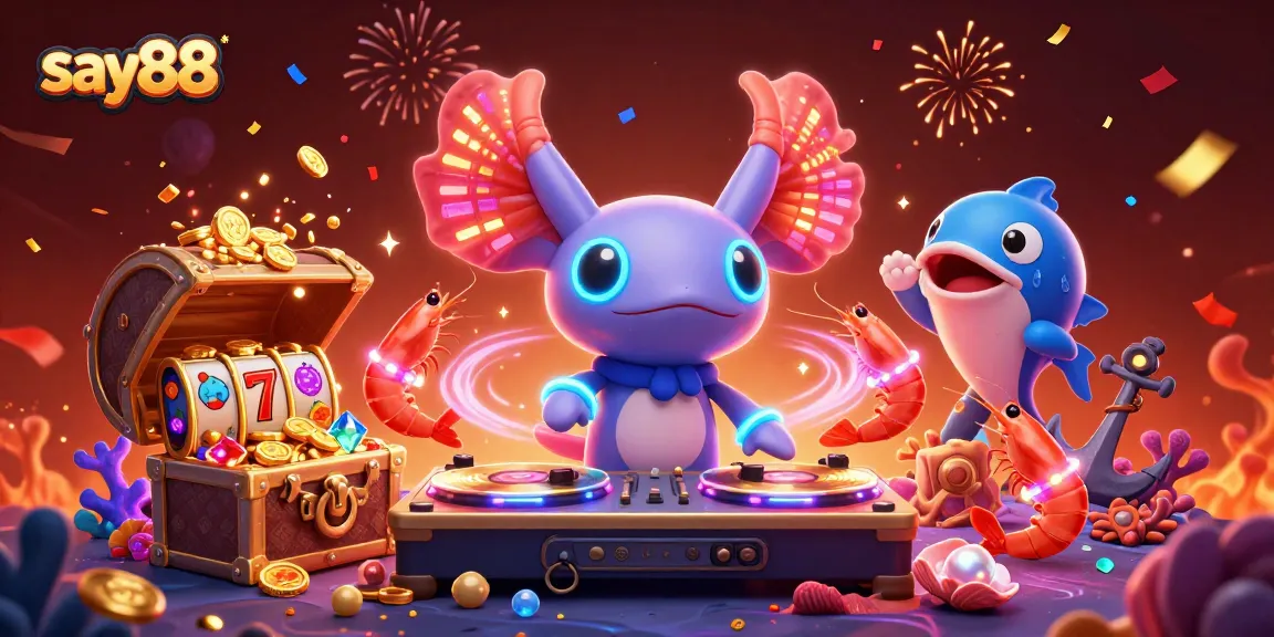 Experience say88's vibrant casino atmosphere with a neon axolotl DJ and dynamic game elements.
