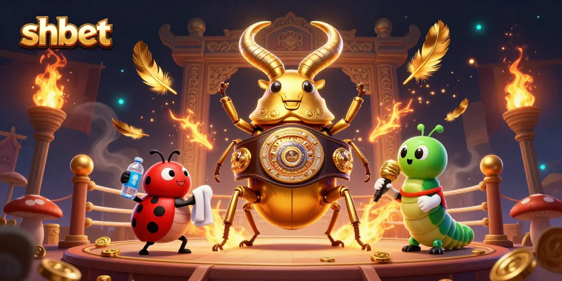 Engage in thrilling action with shbet as a giant golden stag beetle squares off in a vibrant casino arena.