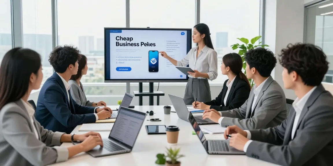 Team discussing cheap business mobile deals in a modern office.
