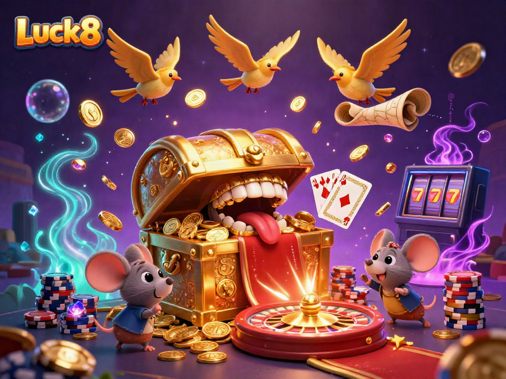 Luck8 offers thrilling adventures with treasure chests, golden coins, and vibrant casino games.
