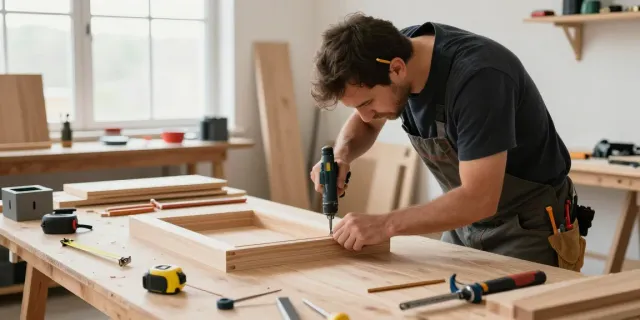 Carpentiere al lavoro con una graffettatrice su un mobile in legno nel laboratorio, circondato da strumenti e materiali di alta qualità.