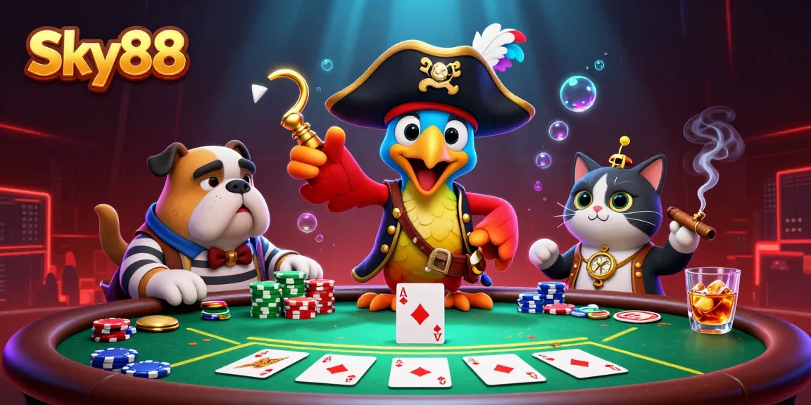 Sky88 pirate-themed online casino scene featuring vibrant poker elements and dynamic characters.