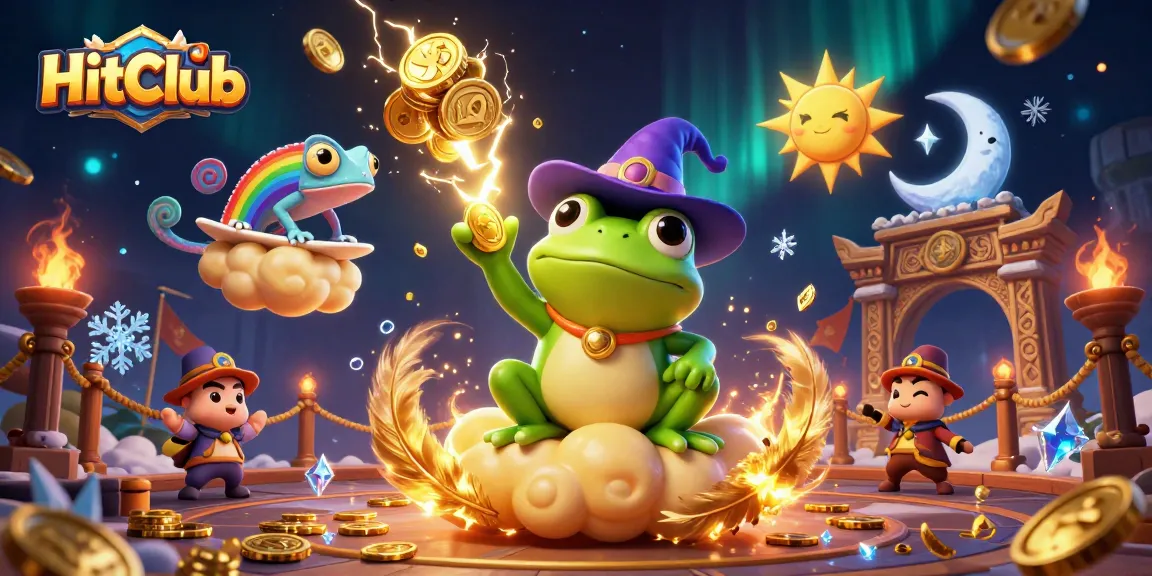 HitClub entertains players with a fantasy scene of a wizard frog raining golden coins.
