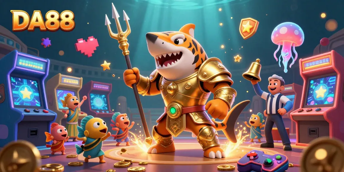 Experience the vibrant energy of DA88 with a thrilling underwater casino scene featuring a golden gladiator shark.