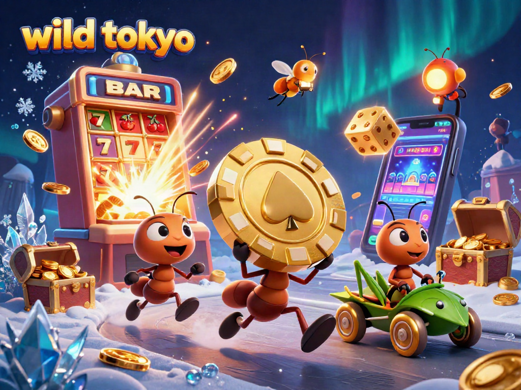 Experience excitement at wild tokyo with ants heisting golden poker chips among casino symbols.