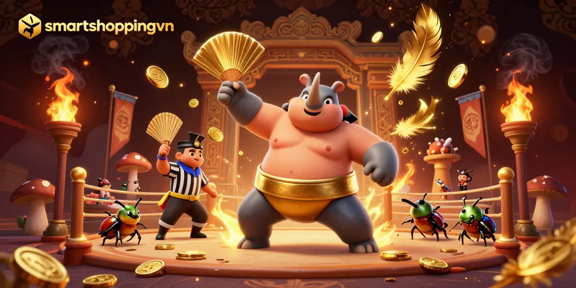 Experience the excitement of smartshoppingvn with a golden sumo beetle champion amidst flying coins and vibrant gaming elements.
