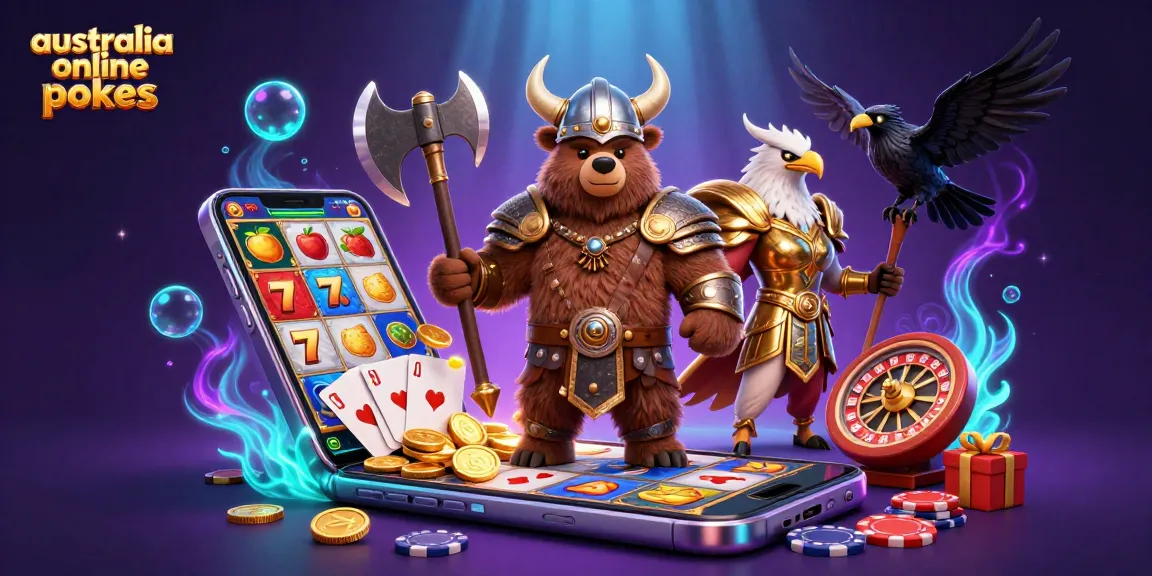 australia online pokies illustration featuring Viking bear and Valkyrie eagle amidst exciting slot game elements.