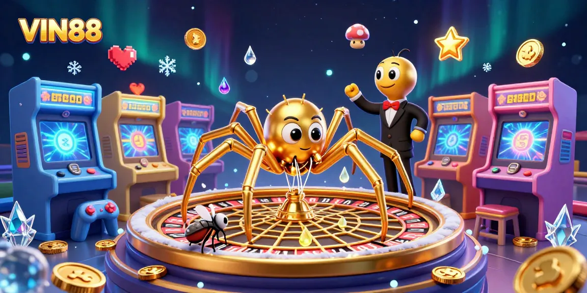 Experience the excitement of VIN88 with a golden spider and croupier in a vibrant gaming scene.