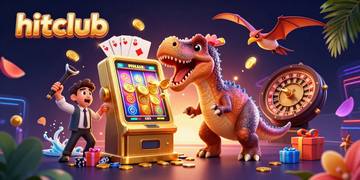 hitclub engages players with a jubilant scene of cartoon dinosaurs celebrating jackpot wins at a vibrant casino