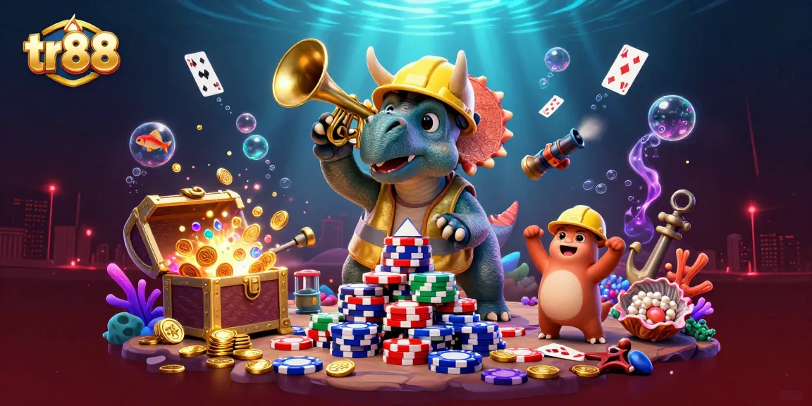 tr88 casino fun with vibrant characters building poker chip towers and celebrating amidst underwater treasures