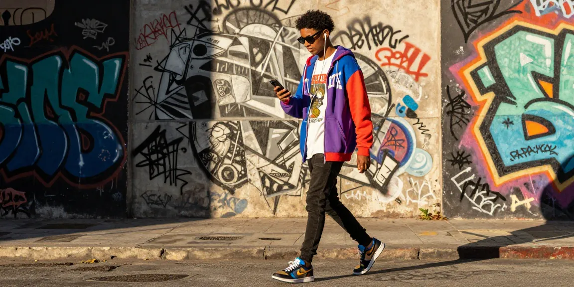 Felpa trapstar indossata in un contesto urbano moderno con arte di strada.