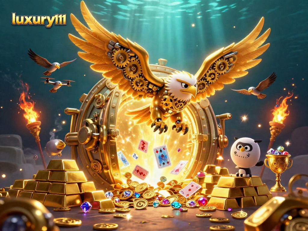 Experience vibrant gameplay with luxury111 in this dynamic casino scene featuring gold treasures and holographic cards.